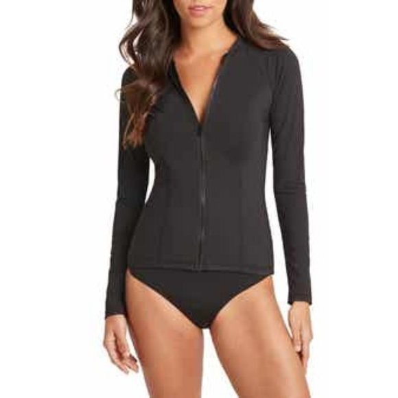 SEA LEVEL Long Sleeve Rashguard Zip Front Swimsuit Black 10 NEW - Picture 3 of 11